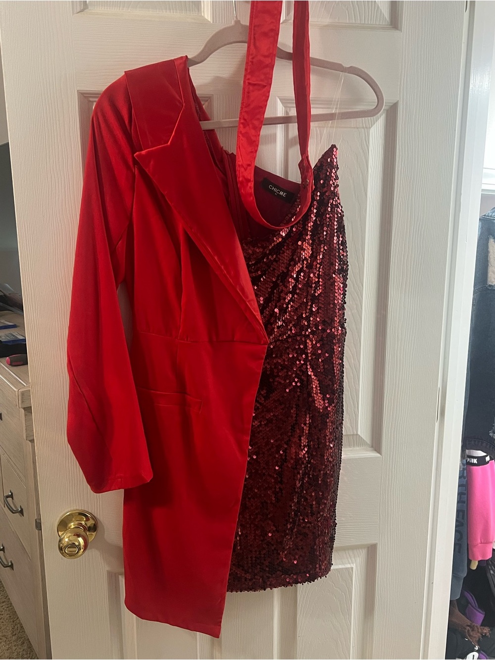 chic Red One-Shoulder Sequin Mini Dress with Matching Red Blazer